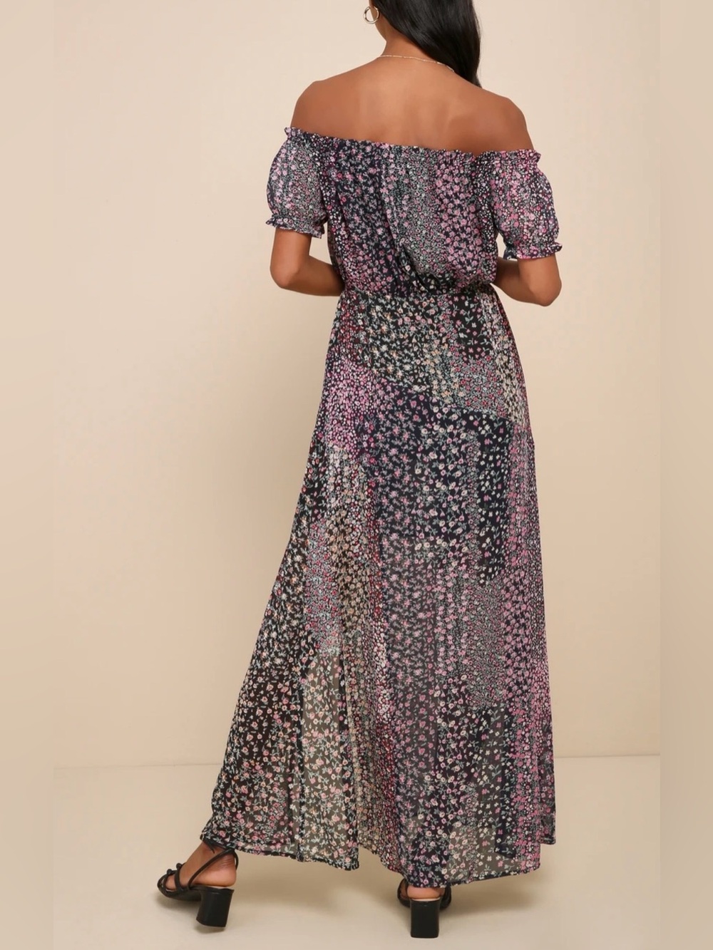 Lulus Neva Navy Ditsy Floral Patchwork Off Shoulder Maxi Dress Size M NEW - Picture 5 of 15